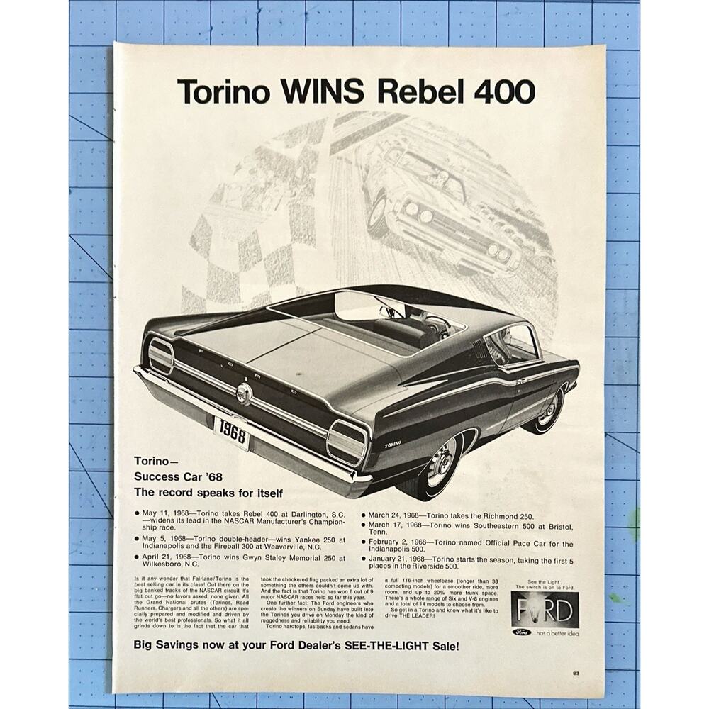 Original 1968 Ford AD: Torino wins Rebel 400 #FORD